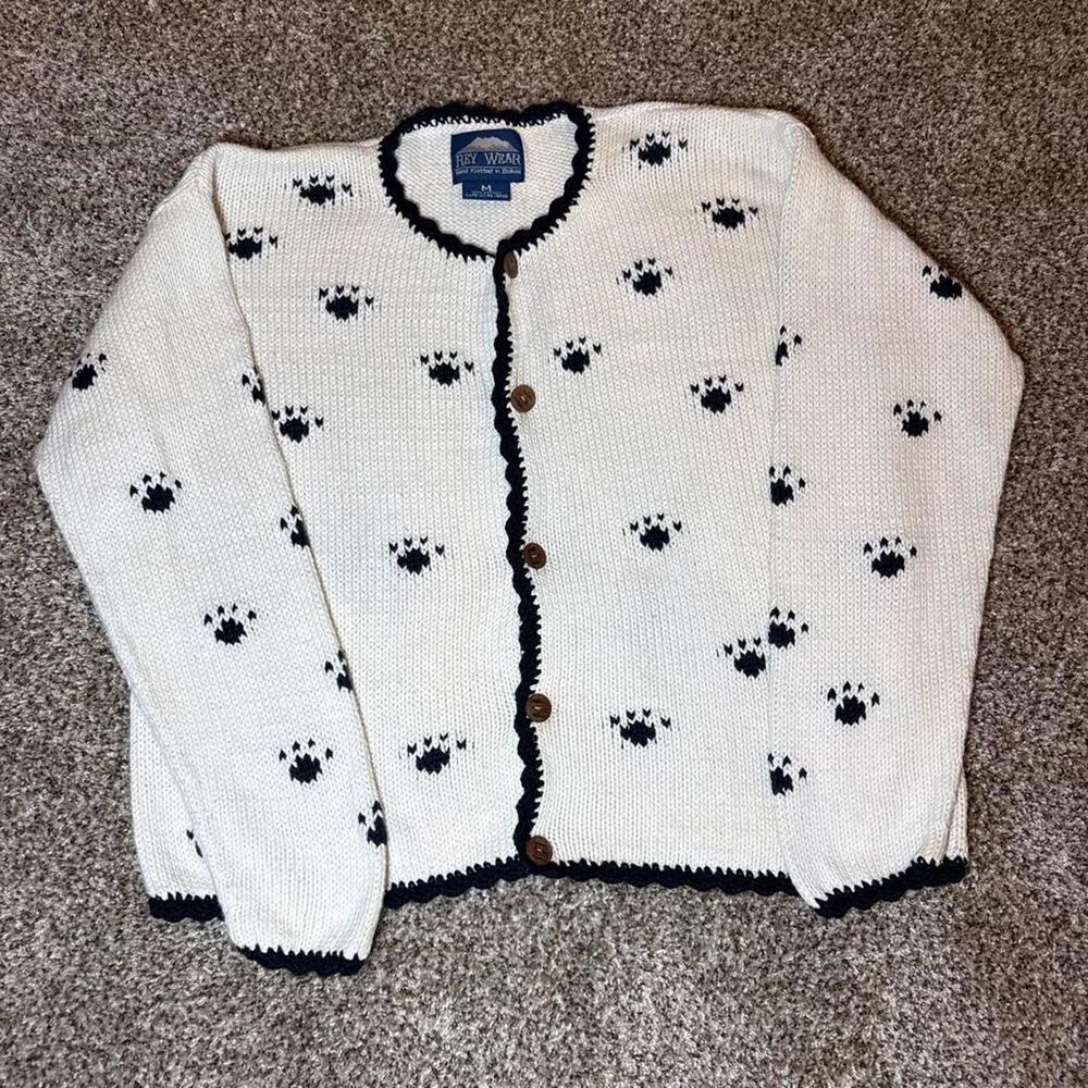 Vintage Rey Wear Bolivia Hand Knit Cotton Cardigan Medium Paw Print Sweater